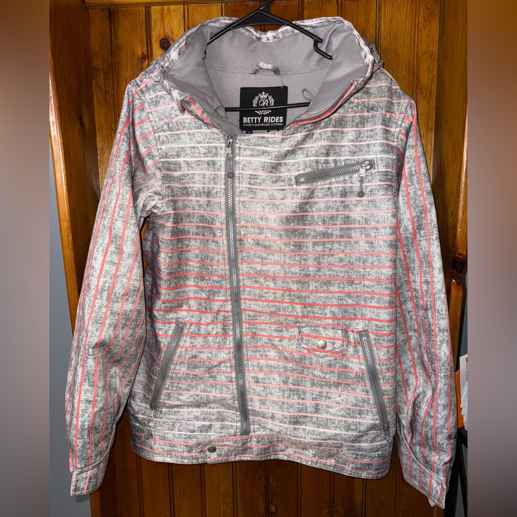 Betty Rides Women’s Gray & Pink Striped Ski Jacket With Hood